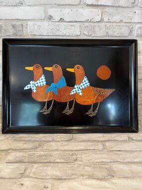 Couroc Vintage Trio of Ducks Decorative Tray - Black & Brown with Blue Accents